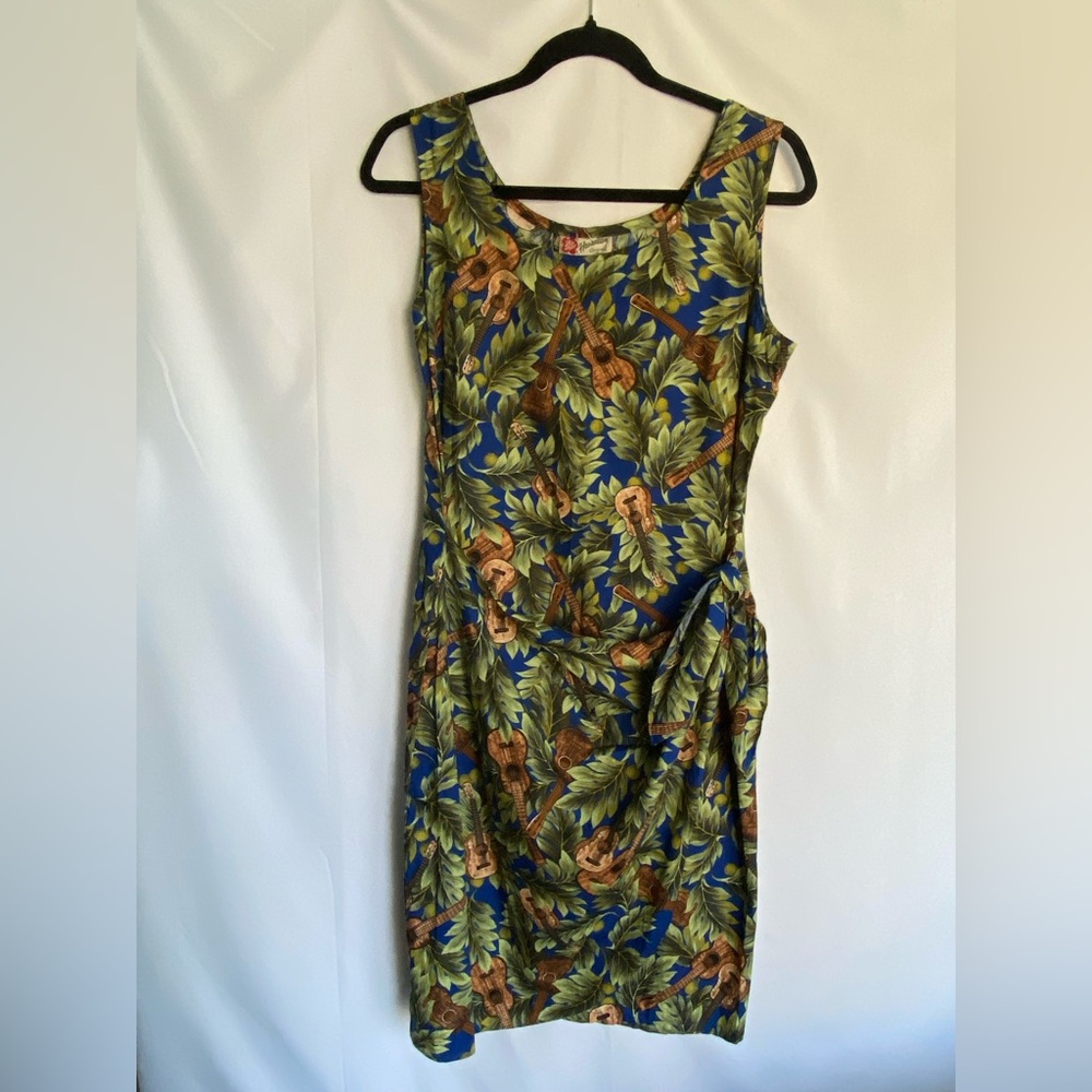 Hilo Hattie Blue Tropical Leaf & Ukulele Midi Dress